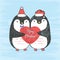 Hand drawn sketch loving penguins with scratched heart with lettering Merry Christmas isolated on a grunge background.