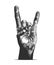 Hand drawn sketch of rock sign gesture in monochrome isolated on white background. Detailed vintage woodcut style drawing.