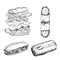 Hand drawn sketch sandwiches set. Submarine type sandwiches. Top and perspective view. Sandwich constructor. Flying ingredients. F