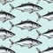 Hand drawn sketch seafood background. Vector seamless pattern with fish. Vintage tuna illustration. Can be use for menu