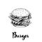 Hand drawn sketch style big burger. Fast, street food. Cheeseburger with bacon fried slices, lettuce, tomato, onion and beef cutle