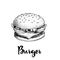 Hand drawn sketch style burger. Fast, street food. Cheeseburger with lettuce, tomato, onion and beef cutlet. Retro vintage style d