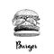 Hand drawn sketch style burger flying ingredients. Fast, street food. Cheeseburger with cucumber,  lettuce, tomato, onion and beef