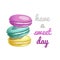 Hand drawn sketch style colorful macarons in stack. French sweets poster with signs. Almond biscuits, sweet dessert. Vector illust