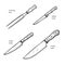 Hand drawn sketch style knives set. Carving fork, Steak, Utility and Chef\\\'s knives.