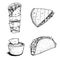 Hand drawn sketch style mexican food set. Nacho with sauce, burrito, taco and quesadilla. Traditional Mexico food in vintage handm