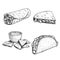 Hand drawn sketch style mexican food set. Nachos with sauce, burrito, taco and quesadilla. Traditional Mexico food in vintage hand