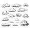 Hand drawn sketchy cloud collection isolated on white. Sketched black pencil clouds outline illustration