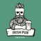 Hand-drawn skull hipster dude with mustache, beard with beer. Man with glass of alcohol. Vector logo. Sticker, logo