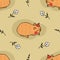 Hand drawn sleepy capybara seamless pattern in doodle style. Perfect print for tee, paper, textile and fabric. Kawaii vector