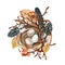 Hand-drawn small bird`s nest with spotted feathers, eggs, branch and berries