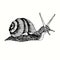 Hand drawn snail side view. Ink black and white drawing.