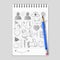Hand drawn social media network icons on realistic notebook