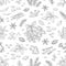 Hand drawn spices pattern. Herbs and vegetables seamless background, Asian and Indian cuisine sketch elements. Vector