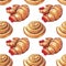 Hand drawn spiral bun and croissant watercolor illustration. Seamless pattern on white background.