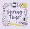 Hand drawn Spring Fashion illustration objects and quote SPRING TIME. Actual Season vector on violet background. Artistic doddle