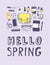 Hand drawn Spring Fashion illustration wear and quote HELLO SPRING. Actual Season vector on violet background. Artistic doddle