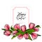 Hand drawn spring floral banner. Colored pink tulip. Happy Easter. Hand drawn detailed engraved illustration. Good for