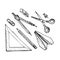 Hand drawn stationery set. Vector doodle illustration. Set of school accessories and supplies. Tools composition.