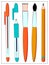 Hand drawn stationery set. Vector flat illustration. Set of school accessories and supplies. Pencil, Pens and Brushes