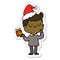 hand drawn sticker cartoon of a man wondering wearing santa hat