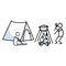 Hand drawn stickman camping tent and campfire concept. Simple outdoor vacation doodle icon for staycation, family travel