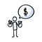 Hand drawn stickman with money bags with dollar sign speech bubble. Simple outline financial doodle icon clipart. For