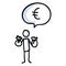 Hand drawn stickman with money bags with euro sign speech bubble. Simple outline financial doodle icon clipart. For