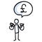 Hand drawn stickman with money bags with pound sign speech bubble. Simple outline financial doodle icon clipart. For