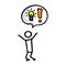 Hand drawn stickman with speech bubble lightbulb idea. Simple outline genius thought doodle icon clipart. For curious