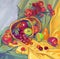 Hand-drawn still life with a basket of apples and poppies. Oil Painting