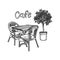 Hand drawn street cafe furniture - table, two chairs and potted plant. Hand drawn sketch for Menu design, sketch restaurant city.