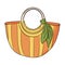 Hand drawn Striped Beach Bag with green neckerchief icon. Women orange and yellow purse isolated vector illustration