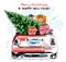 Hand drawn stylish red car with cute christmas gift boxes and fir tree. Beautiful new year set.