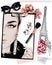 Hand drawn stylish table set with notes, sketches, makeup brush, sunglasses and flowers. Woman face sketch and eiffel tower.