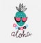 Hand drawn stylish typography lettering phrase on the grunge background - \'Aloha\' and pineapple.