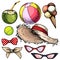 Hand drawn summer isolated objects. Straw hat, coconut coctail, balls, ice cream, sunglasses, bandana. Hand drawn