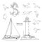 Hand drawn summer seaside print. Marine pattern in cartoon style. Set of sketch gull, seabird, seagull , lighthouse, anchor, yacht