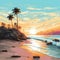 Hand Drawn Sunrise Beach Painting With Palm Trees And Waves