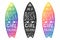Hand drawn surfboard black and rainbow colors silhouettes set with grunge hearts and doodle style lettering My best