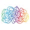 Hand drawn tangle scrawl sketch, multycolor gradient line abstract scribble shape. Chaotic doodle drawing, thread clew