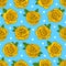 Hand drawn tattoo yellow roses on blue background seamless pattern