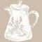 Hand drawn tea kettle illustration in engraving style for menu or cafe. Vector Arab coffee pot. Antique Arabian teapot. Hand drawn