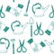 Hand drawn terrarium gardening tools embellished with a green and pink floral pattern on a plain white background.Seamless vector