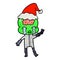 hand drawn textured cartoon of a big brain alien crying and giving peace sign wearing santa hat