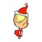 hand drawn textured cartoon of a squinting girl in dress wearing santa hat