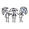 Hand Drawn Three Stick Figures with Umbrella in Rain. Concept of Storm Shelter Expression. Simple Icon Motif Raindrop