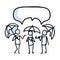 Hand Drawn Three Stick Figures with Umbrella in Rain. Concept of Storm Shelter Expression. Simple Motif Speech Bubble