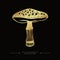 Hand drawn toadstool concept. Golden drawing of magical surreal hallucinogenic mushroom. Fly agaric gold sticker. Toxic Fantasy