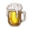 Hand drawn traditional beer glass full of wheat beer with foam. Beautiful vintage etched beer mug with dropping froth